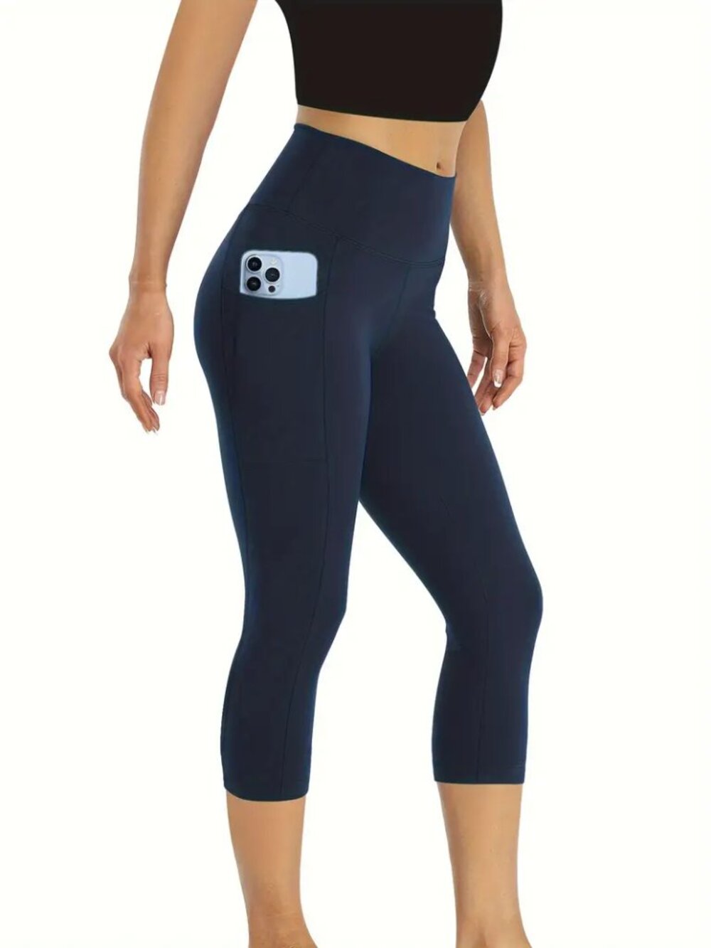 Women Premium Active Capri Yoga Leggings w/Seam Detail & Pockets 1X- 3X Navy
